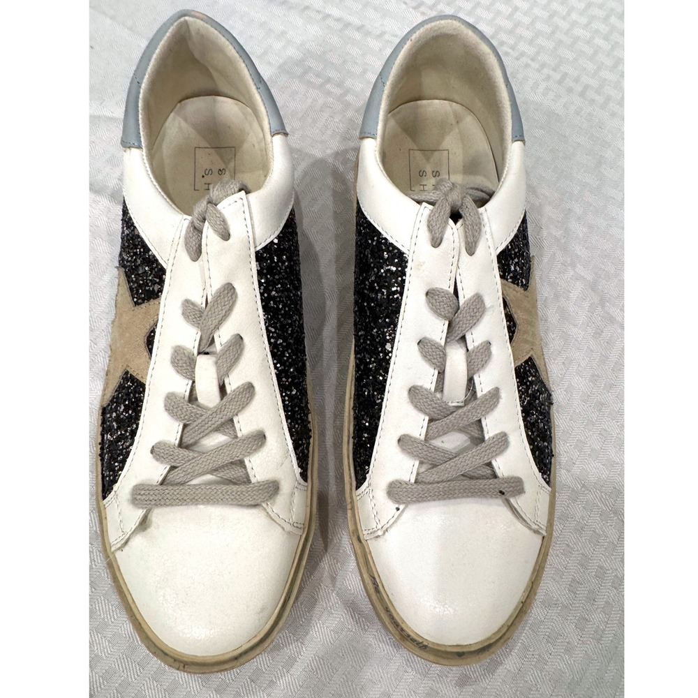 Shu Shop Sneakers Womens 8.5 White Black Glitter Star Patch Platform Streetwear - Picture 1 of 10